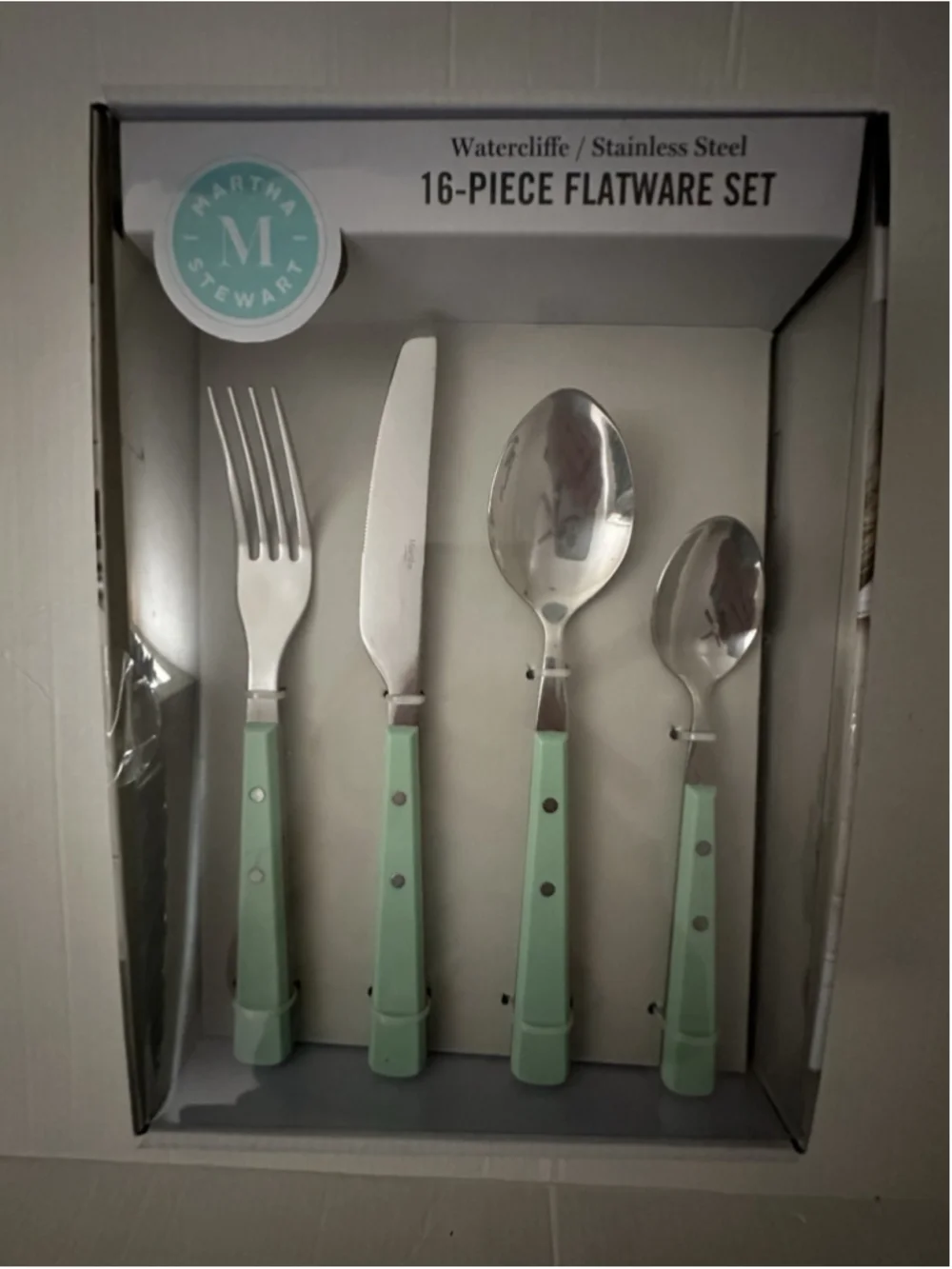NEW Martha Stewart Watercliffe 16pc Stainless Steel Flatware Set Sea Green NIB